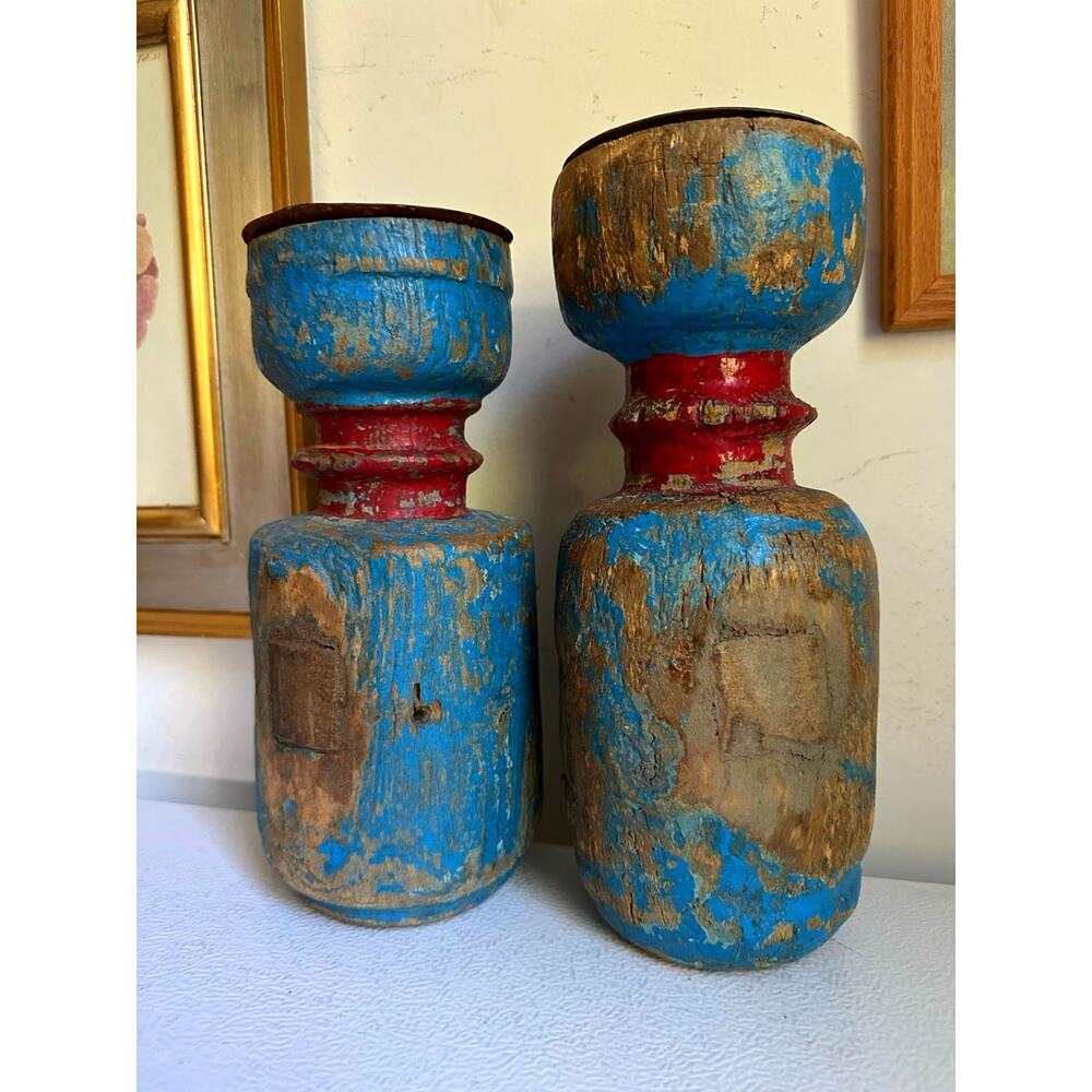2 Antique Wooden Candle Holder Stand Original Old Hand Carved vintage primitive